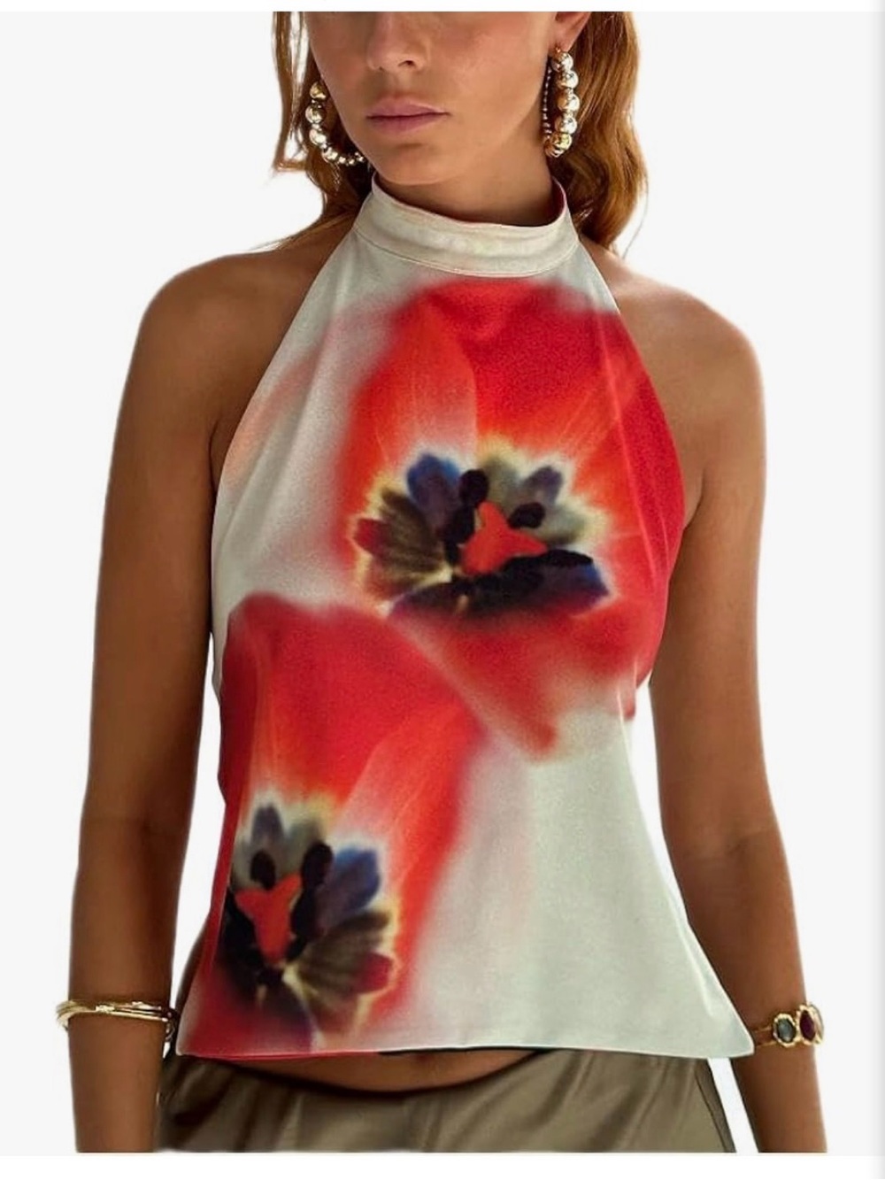 White Halter Cami with Bold Red Floral Print